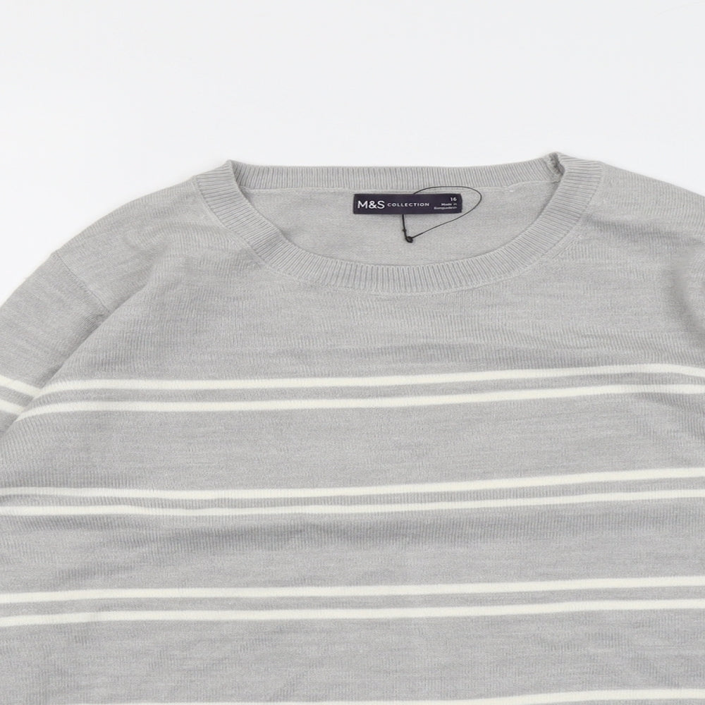 Marks and Spencer Womens Grey Round Neck Striped Acrylic Pullover Jumper Size 16