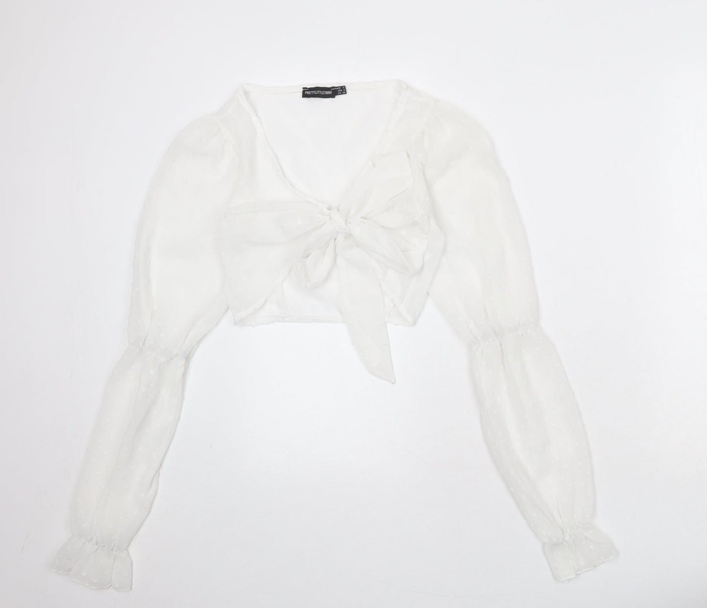 PRETTYLITTLETHING Womens White Geometric Polyester Wrap Blouse Size 8 V-Neck