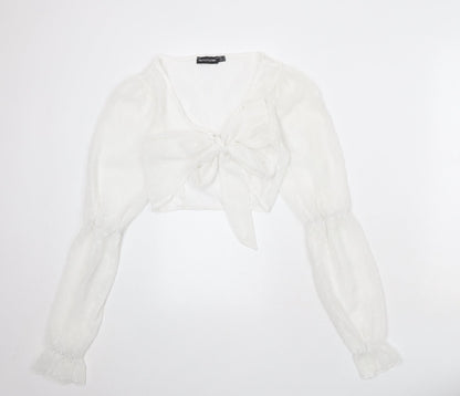 PRETTYLITTLETHING Womens White Geometric Polyester Wrap Blouse Size 8 V-Neck
