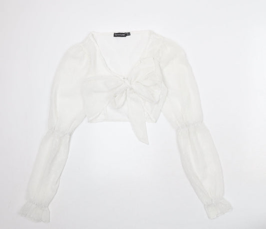 PRETTYLITTLETHING Womens White Geometric Polyester Wrap Blouse Size 8 V-Neck