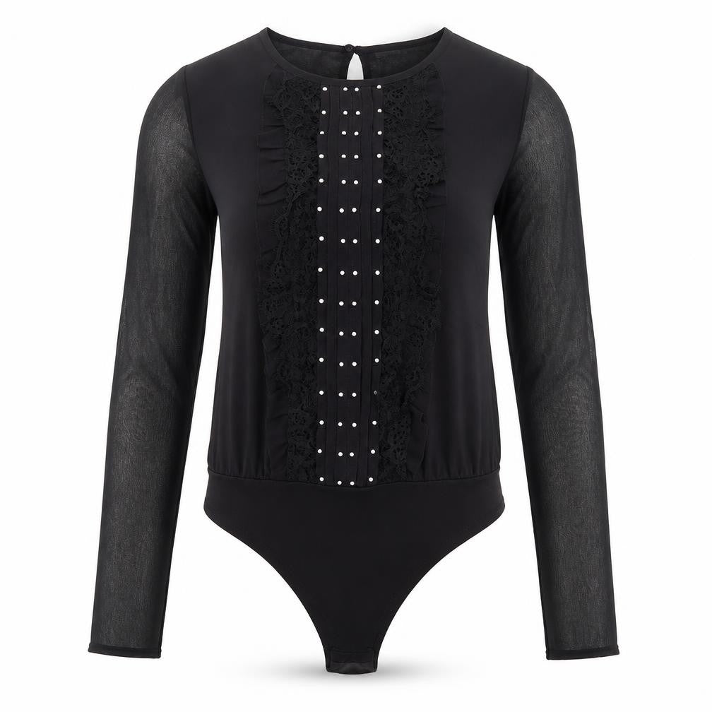 River Island Womens Black Polyester Bodysuit One-Piece Size 6 Snap - Mesh Sleeve