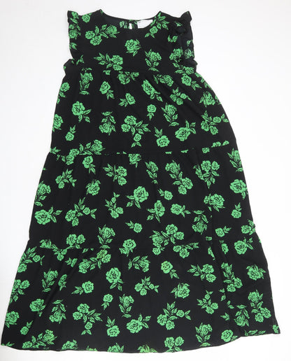 Additional front view of ASOS women’s black floral polyester a-line, size UK 12, round neck button
