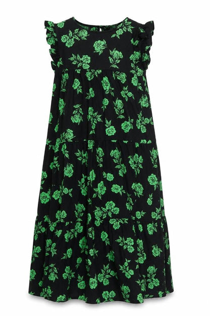 Front view of ASOS women’s black floral polyester a-line, size UK 12, round neck button