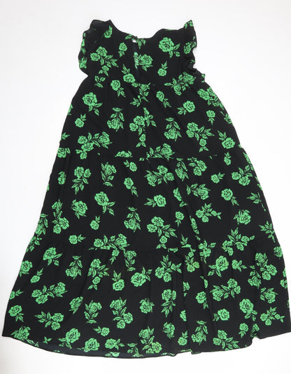 Back view of ASOS women’s black floral polyester a-line, size UK 12, round neck button
