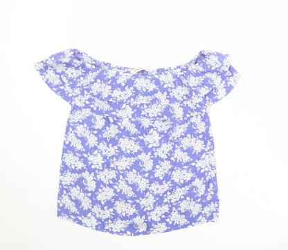 Oasis Womens Blue Floral Polyester Basic Blouse Size 8 Off the Shoulder