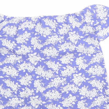 Oasis Womens Blue Floral Polyester Basic Blouse Size 8 Off the Shoulder