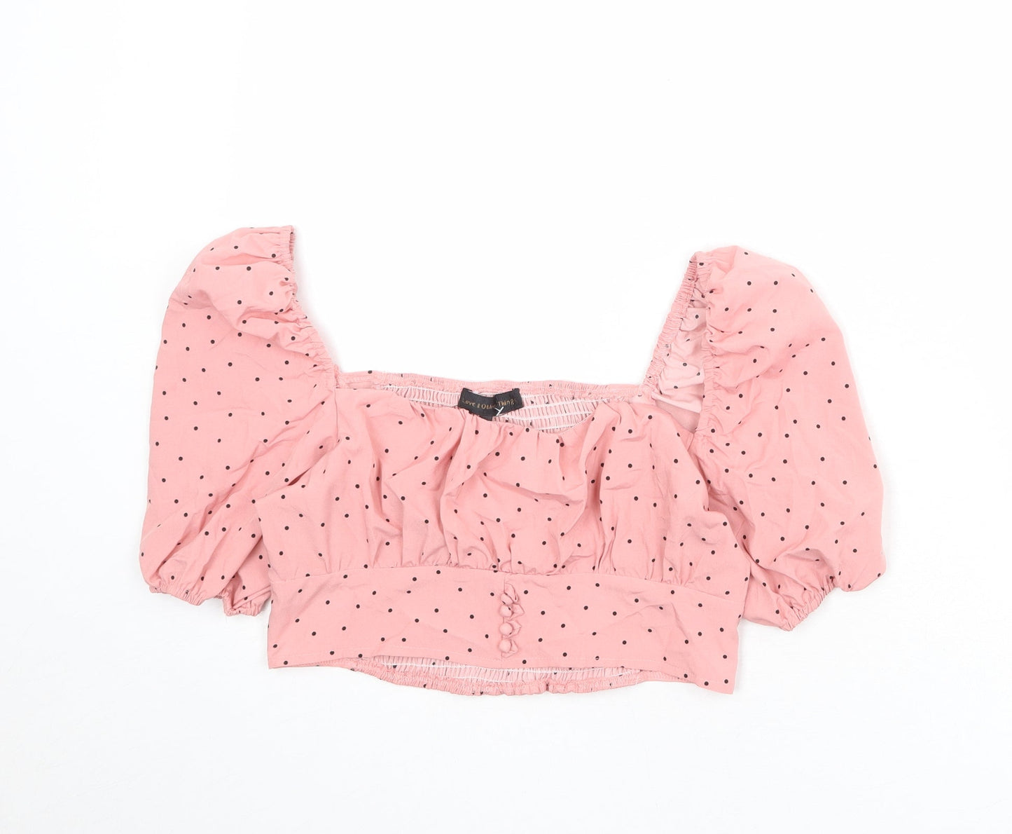 Love & Other Things Womens Pink Polka Dot Polyester Cropped Blouse Size S Square Neck - Puff Sleeve