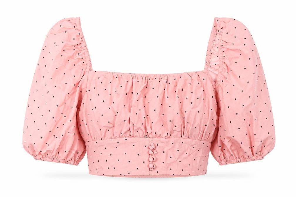 Love & Other Things Womens Pink Polka Dot Polyester Cropped Blouse Size S Square Neck - Puff Sleeve