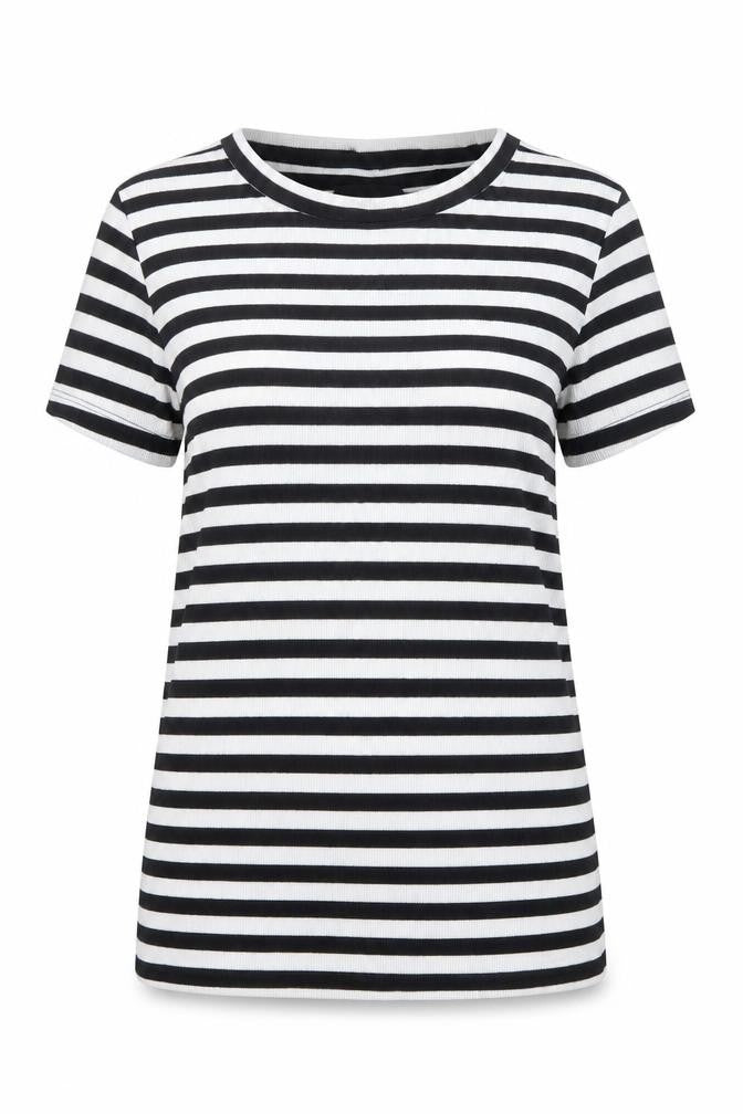 Monki Womens Black Striped Cotton Basic T-Shirt Size S Boat Neck