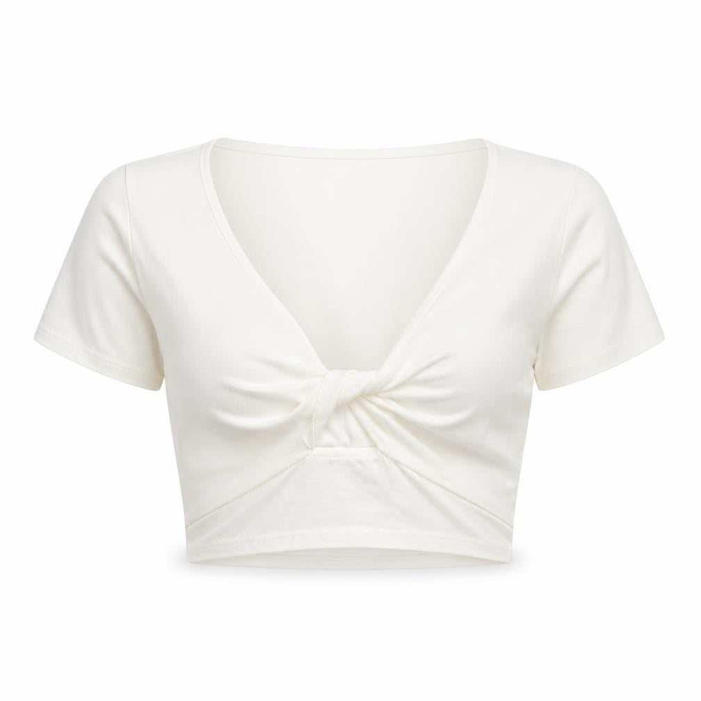 Stradivarius Womens Ivory Cotton Cropped T-Shirt Size M V-Neck - Twist Front Detail