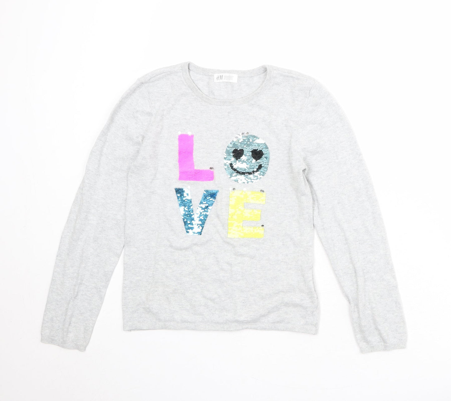 H&M Girls Grey Round Neck 100% Cotton Pullover Jumper Size 10-11 Years Pullover - Size 10-12 Years LOVE