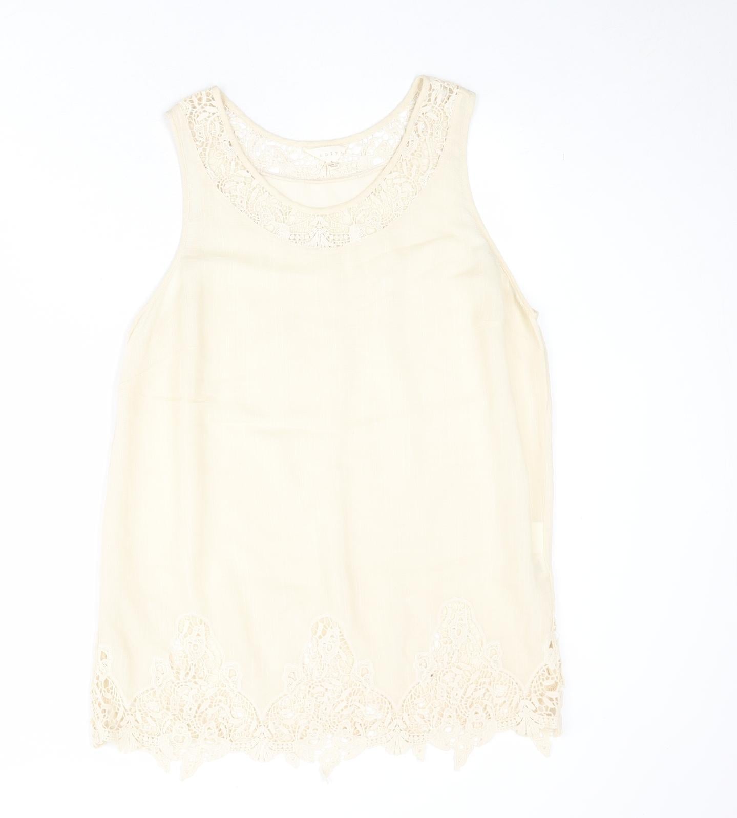 Adiva Womens Beige Viscose Basic Tank Size L Boat Neck - Crocheted Lace Detail