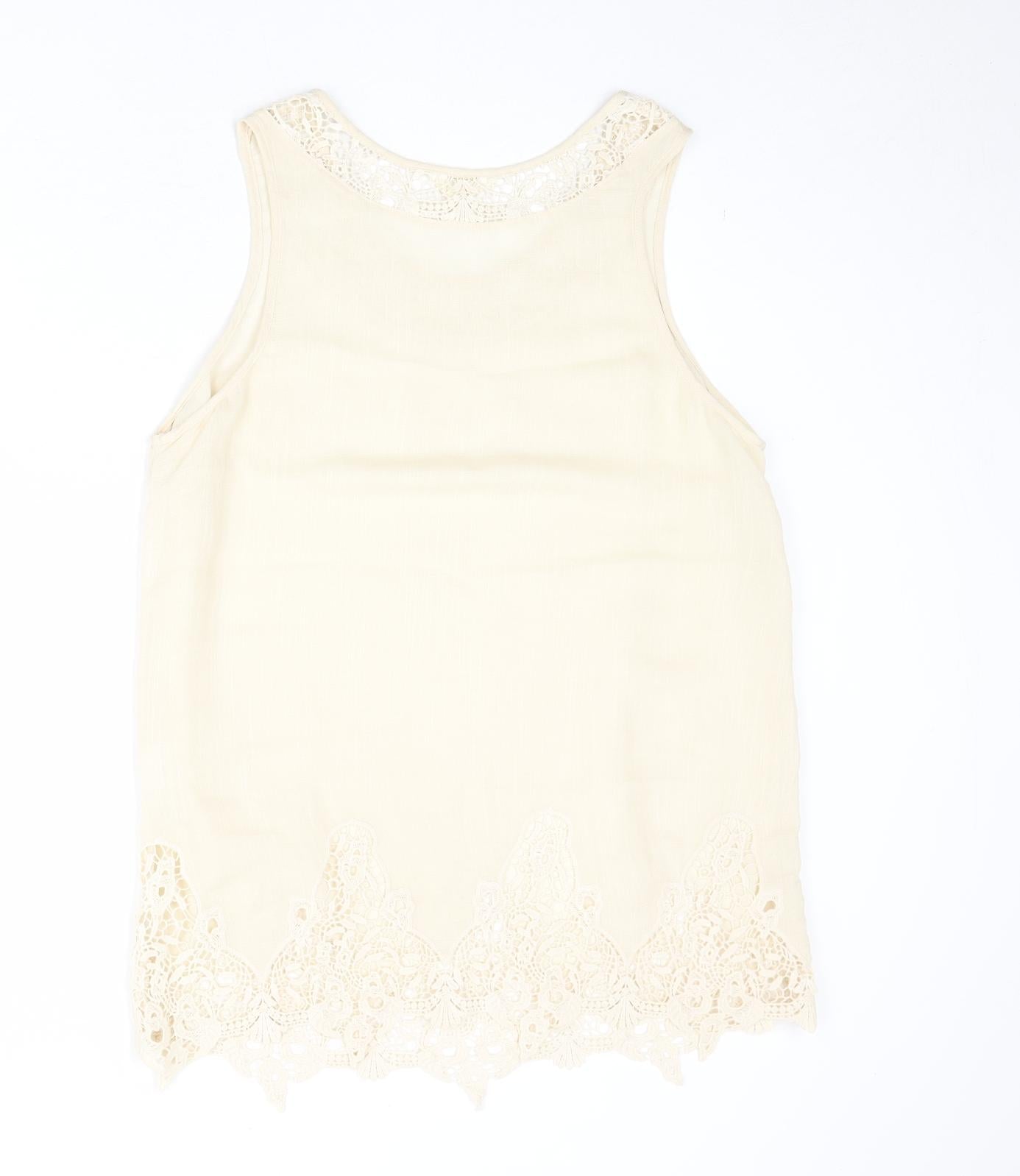 Adiva Womens Beige Viscose Basic Tank Size L Boat Neck - Crocheted Lace Detail