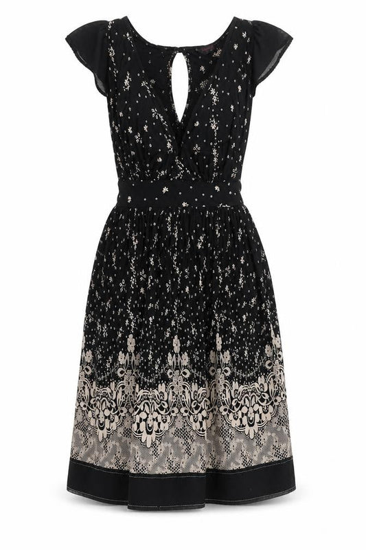 Front view of Miss Selfridge women’s black geometric polyester a-line, size UK 10, round neck pullover - open back