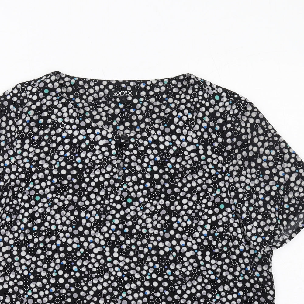 Vortex Womens Black Geometric Polyester Basic T-Shirt Size 12 Round Neck