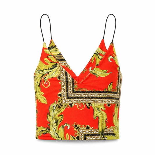 Front view of Urban renewal women’s red geometric polyester cropped tank, size S, v-neck