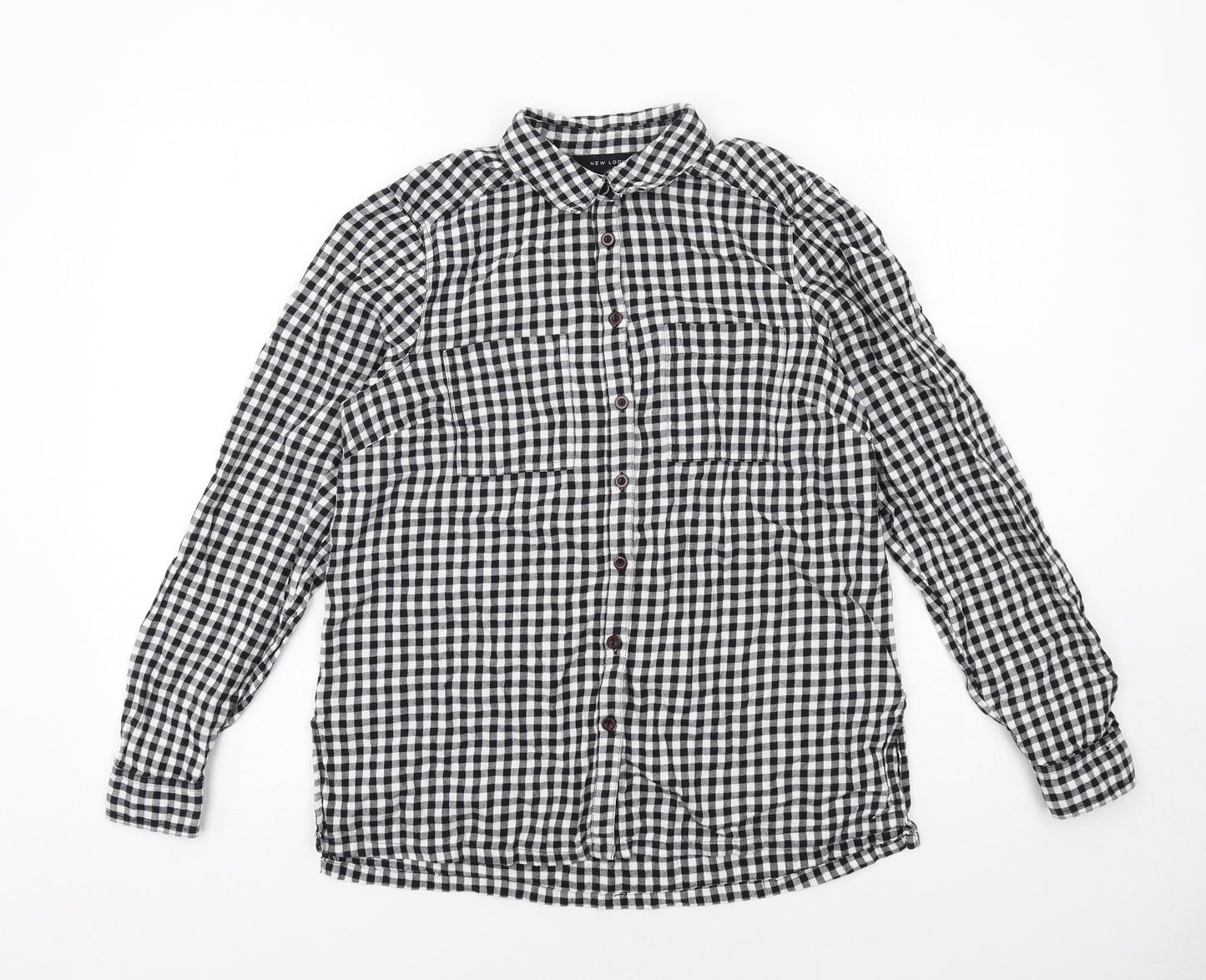 New Look Womens Black Plaid Cotton Basic Button-Up Size 10 Collared