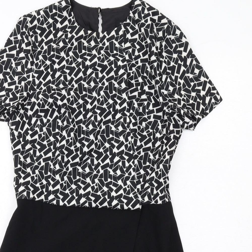 New Look Womens Black Geometric Polyester Shift Size 12 Round Neck Zip