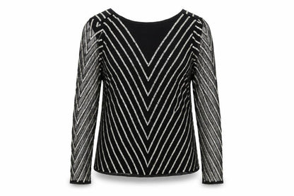 Front view of ASOS women’s black striped polyester basic blouse, size UK 8, boat neck - embellished
