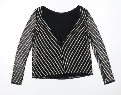 Back view of ASOS women’s black striped polyester basic blouse, size UK 8, boat neck - embellished