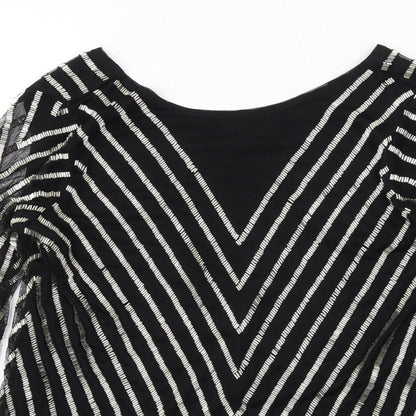 Close-up detail of ASOS women’s black striped polyester basic blouse, size UK 8, boat neck - embellished