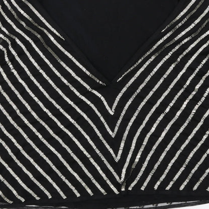 Brand and care label for ASOS women’s black striped polyester basic blouse, size UK 8, boat neck - embellished