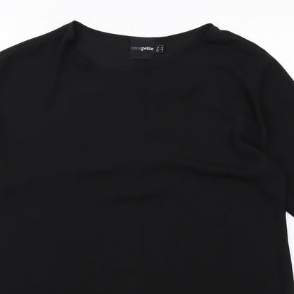 Close-up detail of ASOS women’s black polyester a-line, size UK 10, round neck pullover