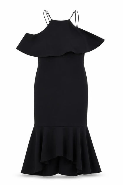 Front view of ASOS women’s black polyester mermaid, size UK 14, square neck pullover - cold shoulder