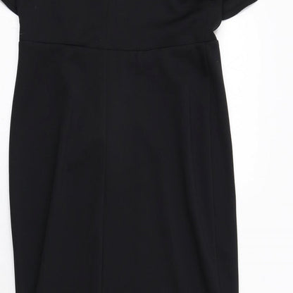 Brand and care label for ASOS women’s black polyester mermaid, size UK 14, square neck pullover - cold shoulder