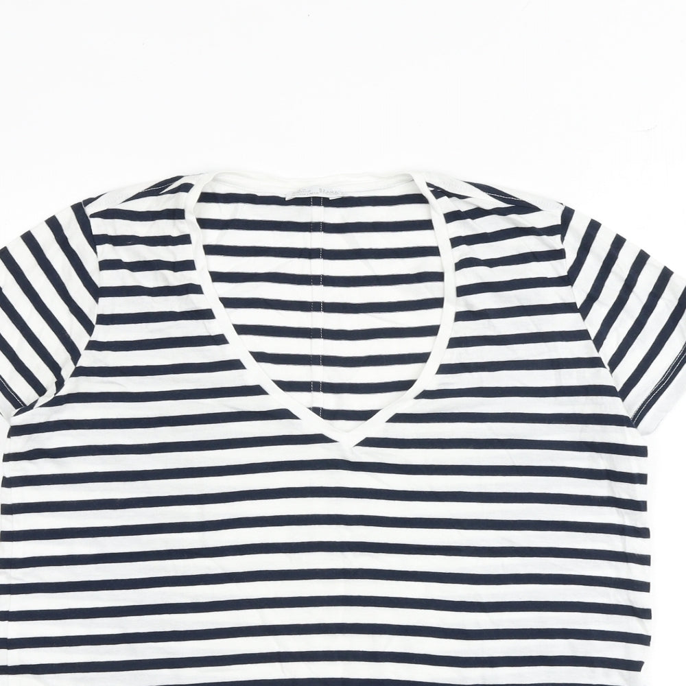 Zara Womens White Striped 100% Cotton Basic T-Shirt Size S V-Neck