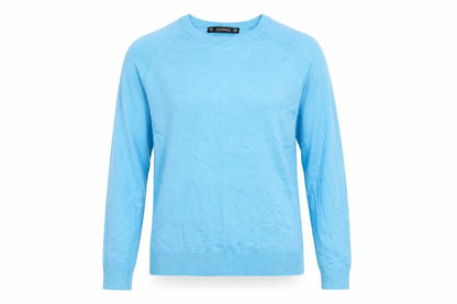 Front view of Dunnes women’s blue round neck viscose jumper, size S