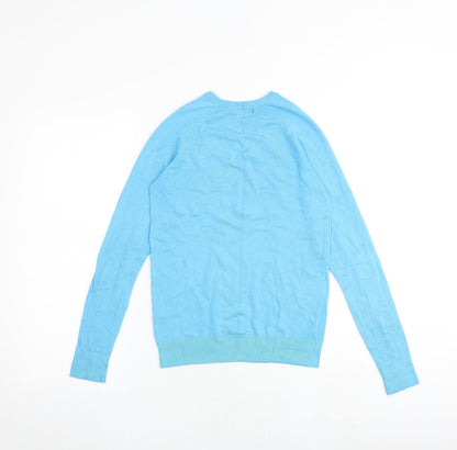 Back view of Dunnes women’s blue round neck viscose jumper, size S