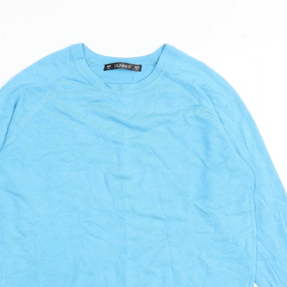 Close-up detail of Dunnes women’s blue round neck viscose jumper, size S