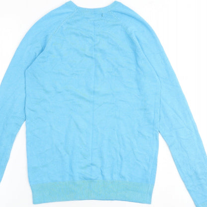 Brand and care label for Dunnes women’s blue round neck viscose jumper, size S