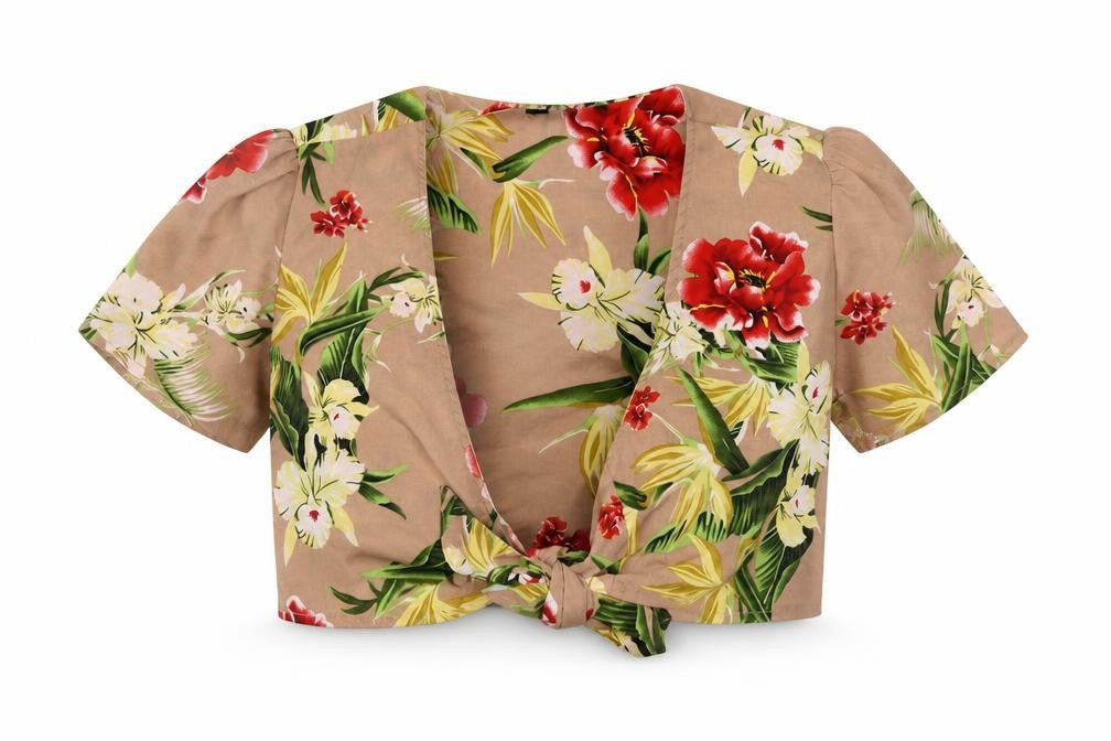 Jeuvre Womens Beige Floral Polyester Cropped Blouse Size 8 V-Neck - Tie Front