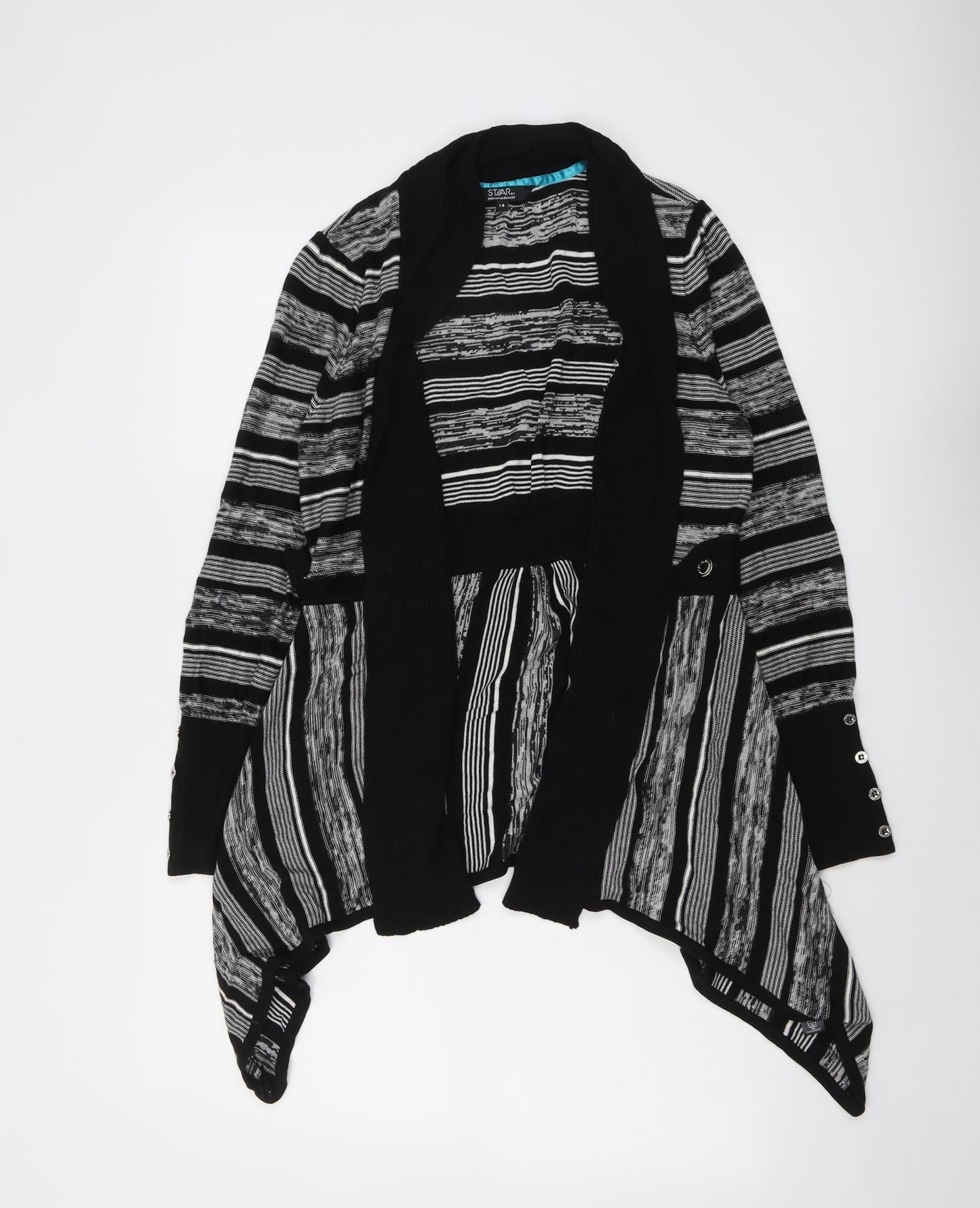 Star Womens Black V-Neck Striped Viscose Cardigan Jumper Size 14