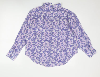 Mango Womens Purple Geometric Cotton Basic Button-Up Size S Collared
