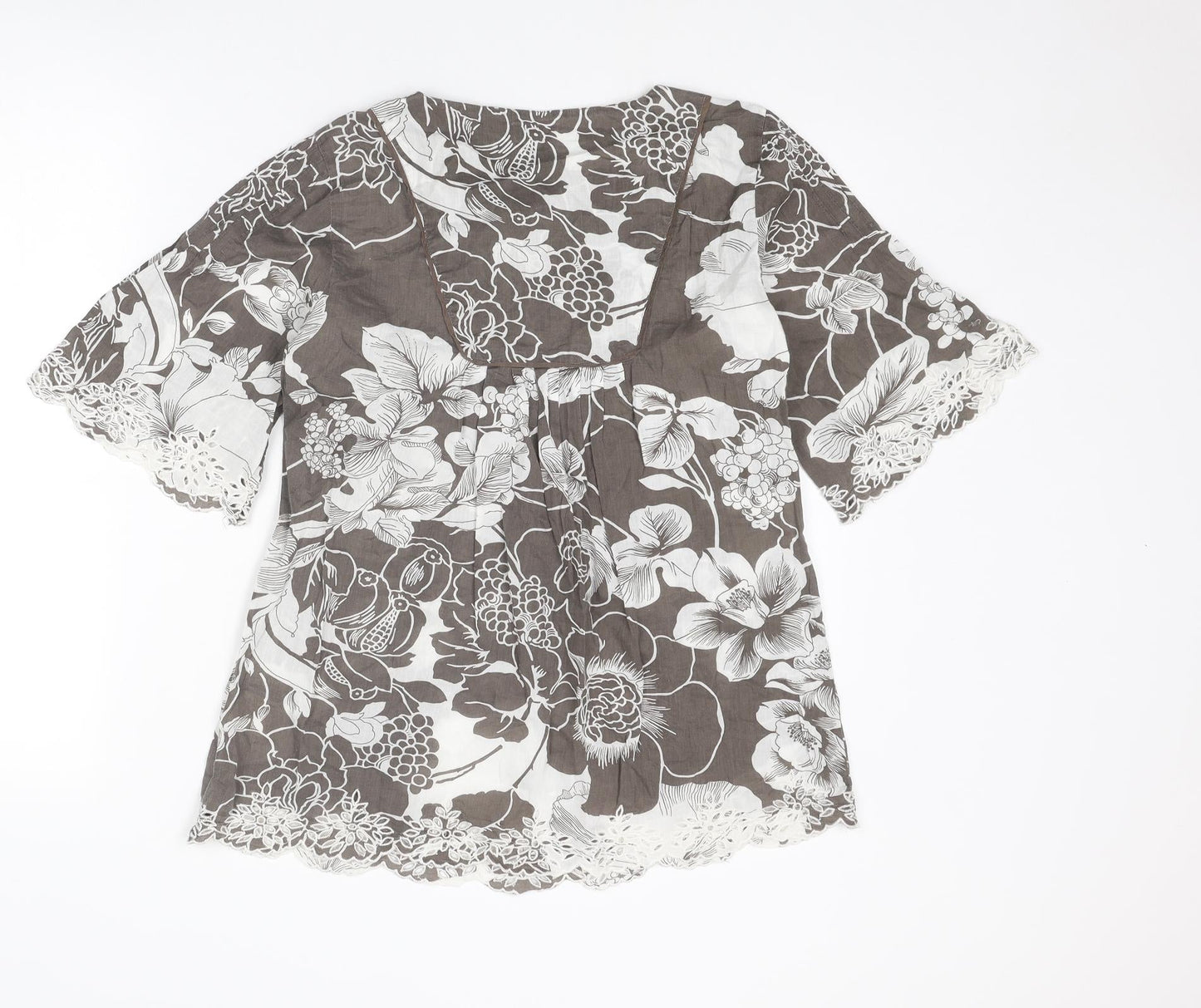 Phase Eight Womens Grey Floral Cotton Basic Blouse Size 10 Boat Neck
