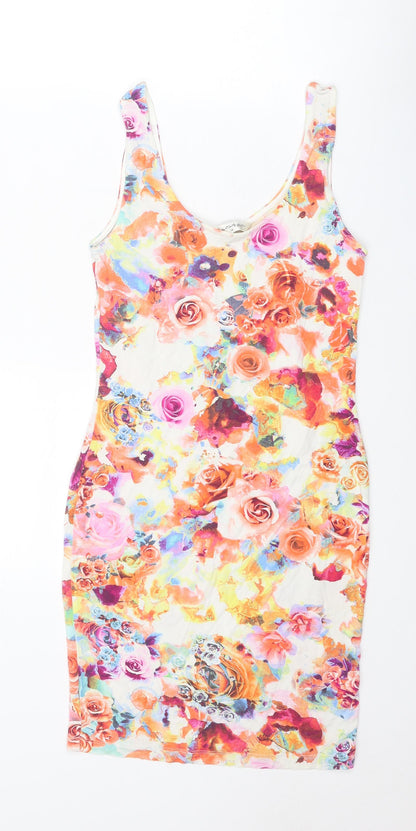 Additional front view of Miss Selfridge women’s multicoloured floral viscose bodycon, size UK 10, scoop neck pullover