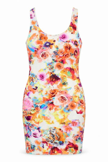 Front view of Miss Selfridge women’s multicoloured floral viscose bodycon, size UK 10, scoop neck pullover