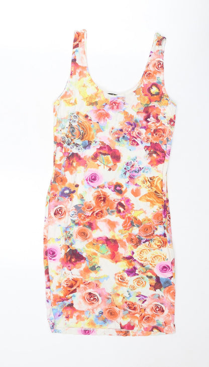 Back view of Miss Selfridge women’s multicoloured floral viscose bodycon, size UK 10, scoop neck pullover