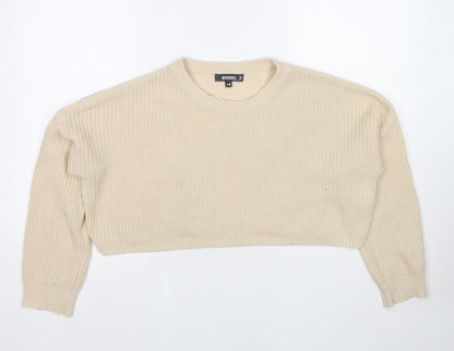 Additional front view of Missguided women’s beige round neck acrylic jumper, size S, -, size S-m cropped