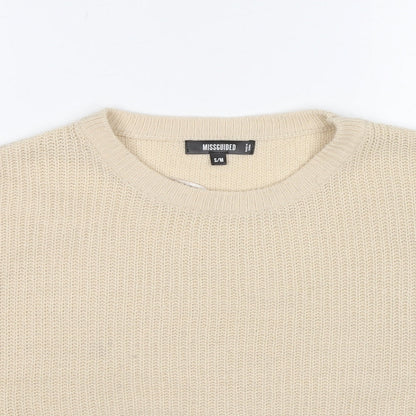 Close-up detail of Missguided women’s beige round neck acrylic jumper, size S, -, size S-m cropped
