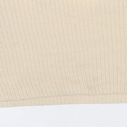 Brand and care label for Missguided women’s beige round neck acrylic jumper, size S, -, size S-m cropped