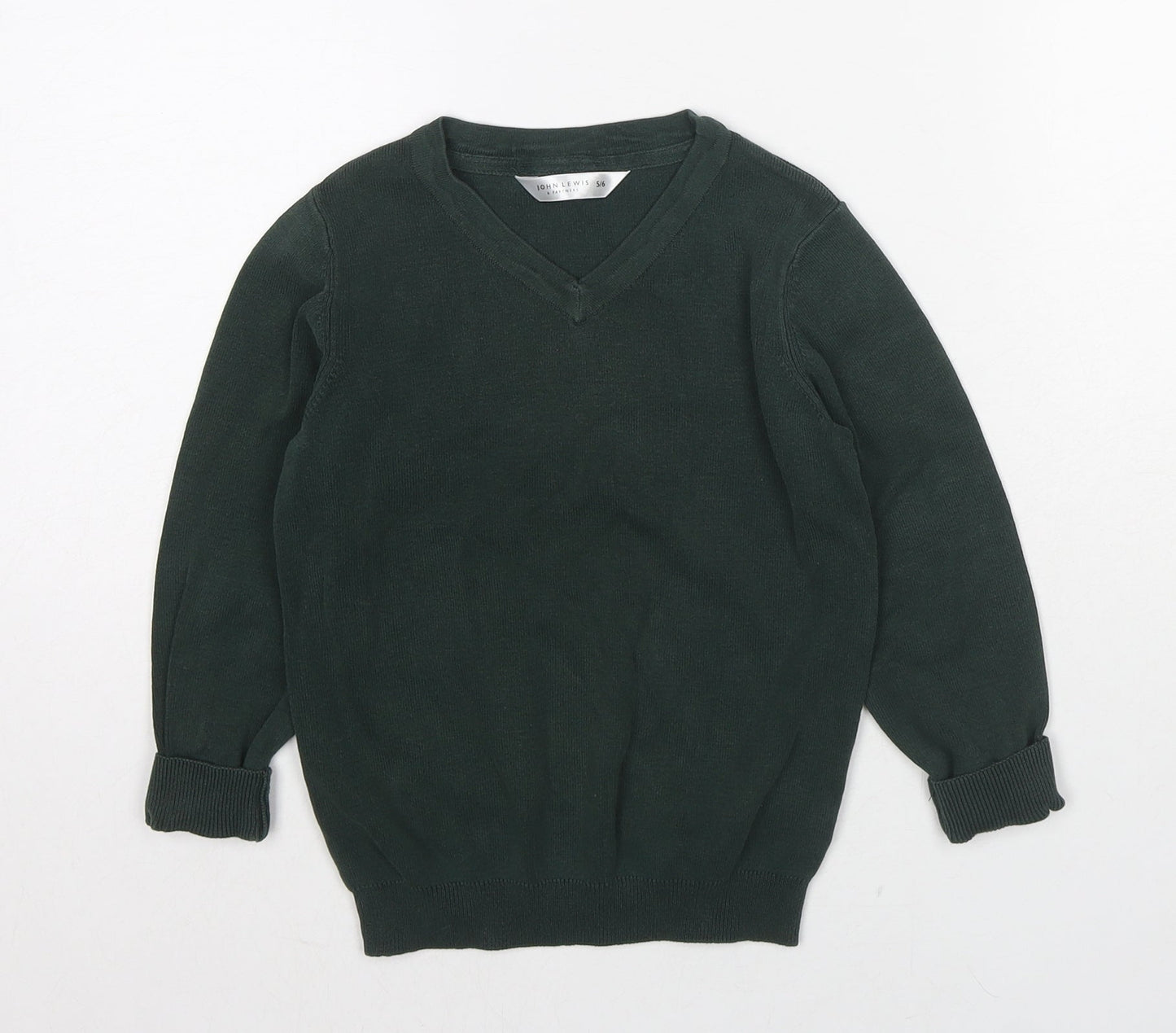 John Lewis Boys Green V-Neck Cotton Pullover Jumper Size 5-6 Years Pullover