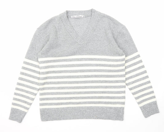 Pure & Natural Womens Grey V-Neck Striped Acrylic Pullover Jumper Size M - Size M-L