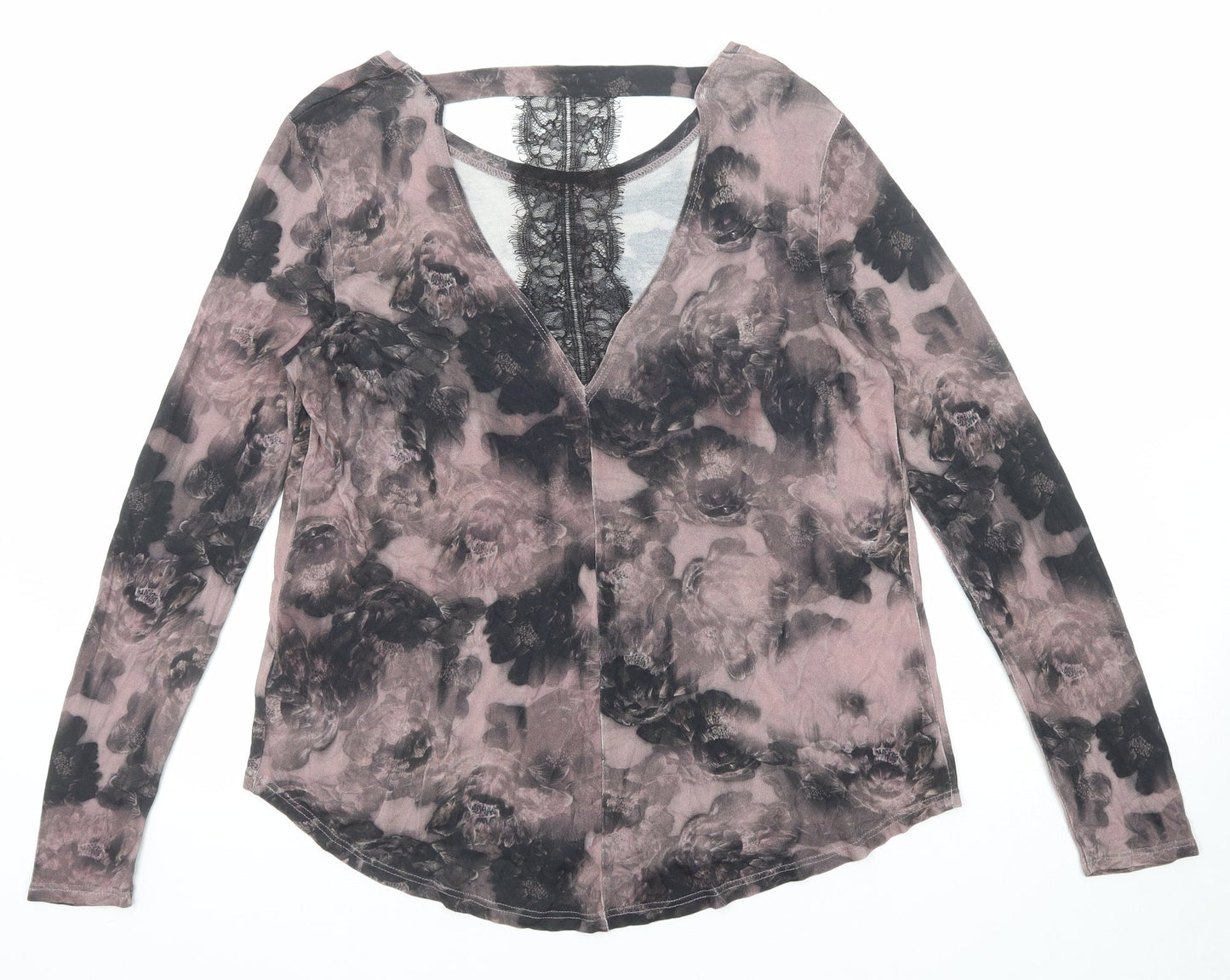 NEXT Womens Purple Geometric Viscose Basic Blouse Size 12 Round Neck - Lace Details