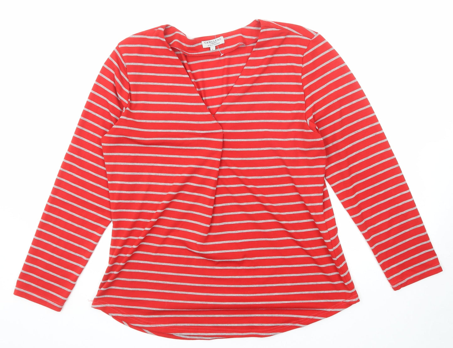 Cerulean Womens Red Striped Polyester Basic T-Shirt Size L V-Neck