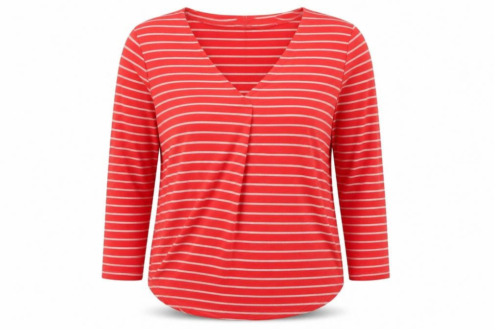 Cerulean Womens Red Striped Polyester Basic T-Shirt Size L V-Neck