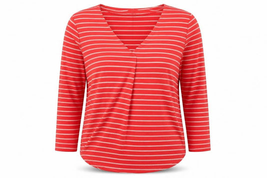 Cerulean Womens Red Striped Polyester Basic T-Shirt Size L V-Neck